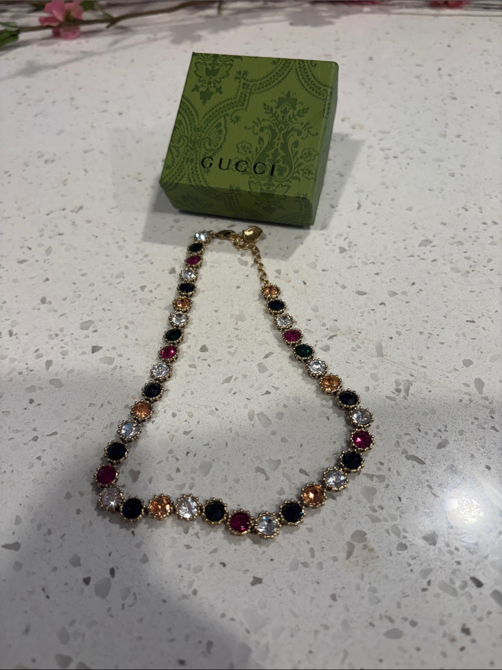 Gucci Multicolor Crystal Tennis Necklace - Gold Tone